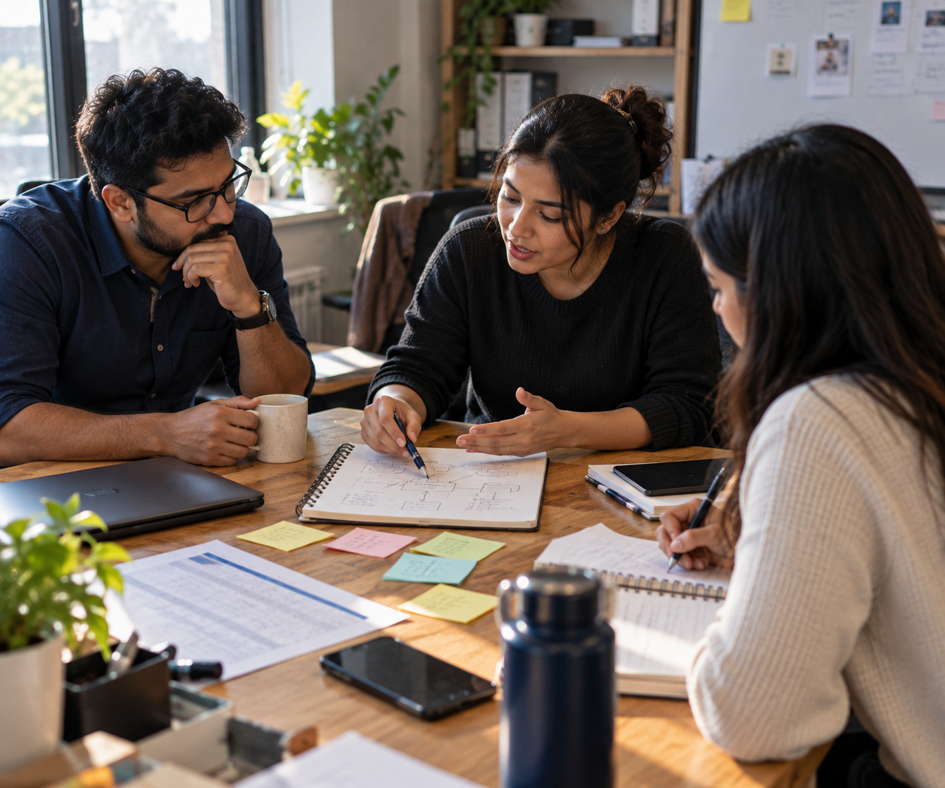 A team talking through a business process around a table