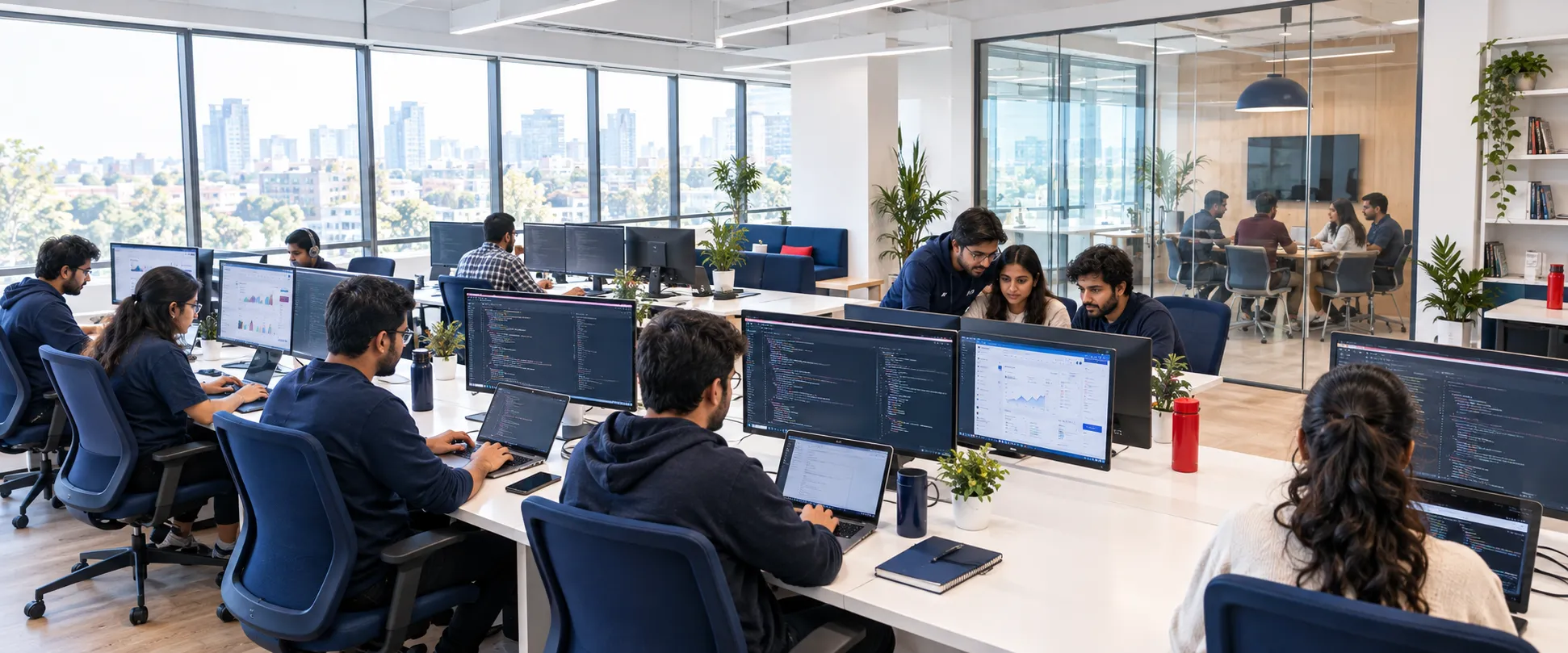 Engineers working at desks with code and dashboards on screen in a bright open-plan office